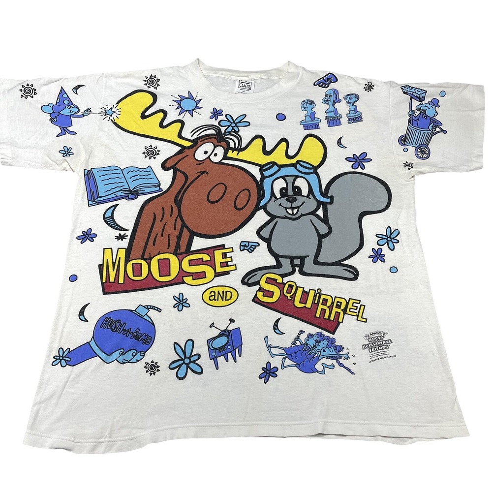 Vintage Wild Oats Rocky & Bullwinkle Shirt Mens XL White Moose Squirrel Tee 90s